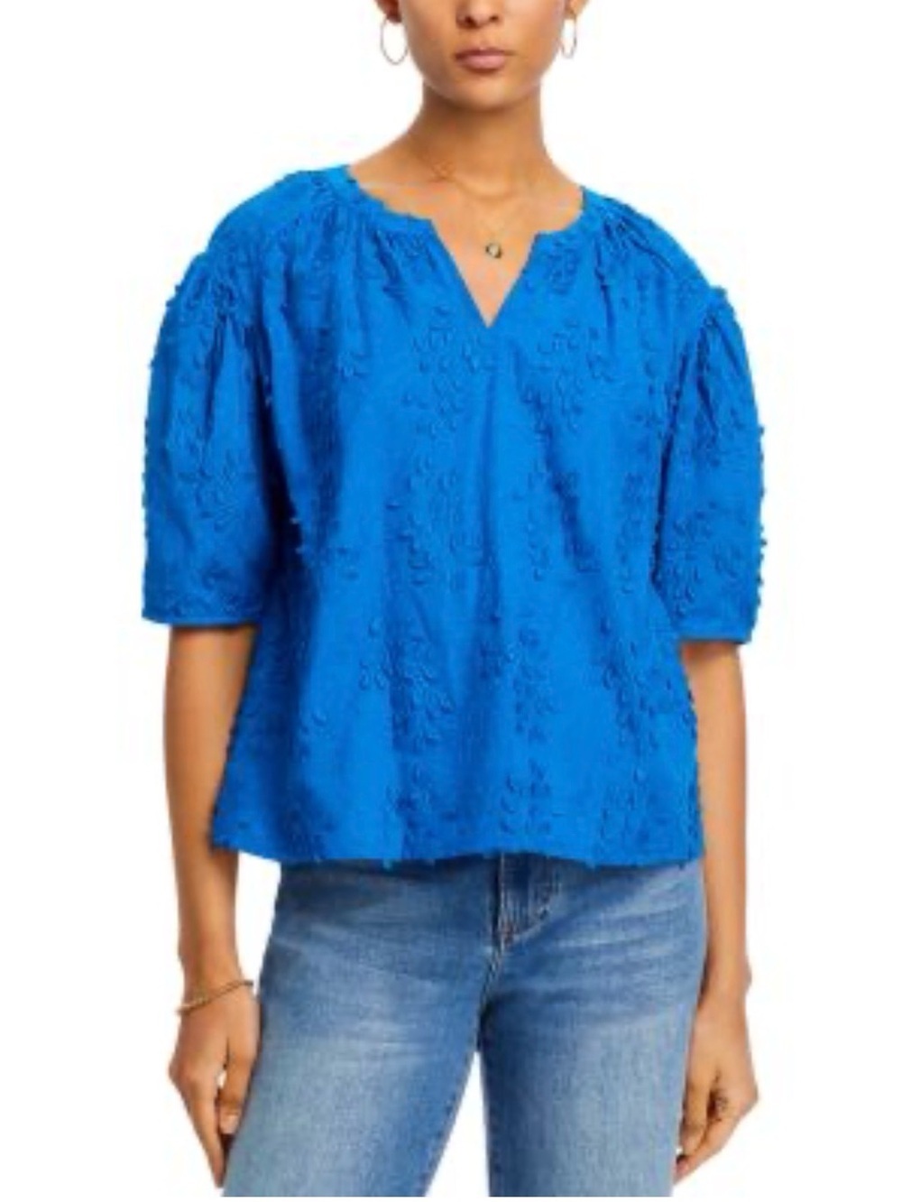 Cupio Women’s Small Royal Blue Embroidered Split Neck Top Short Sleeve Top